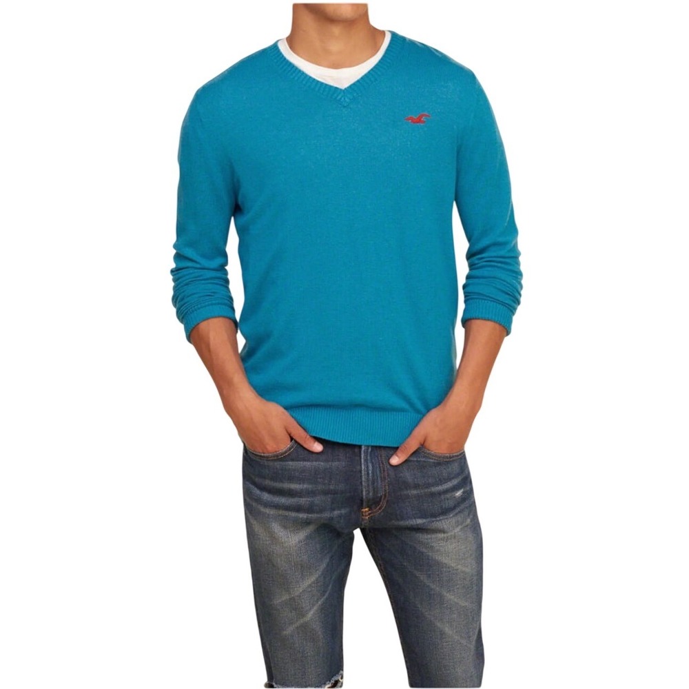 Vintage Hollister Men's Large V-Neck Sweater Y2K‎ Preppy Indie Teal Blue Icon